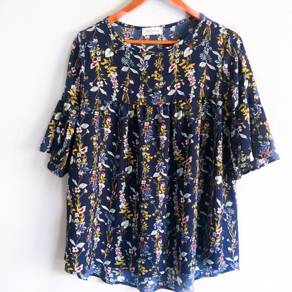Floral Over Sized Top with Shirt Bell Sleeves